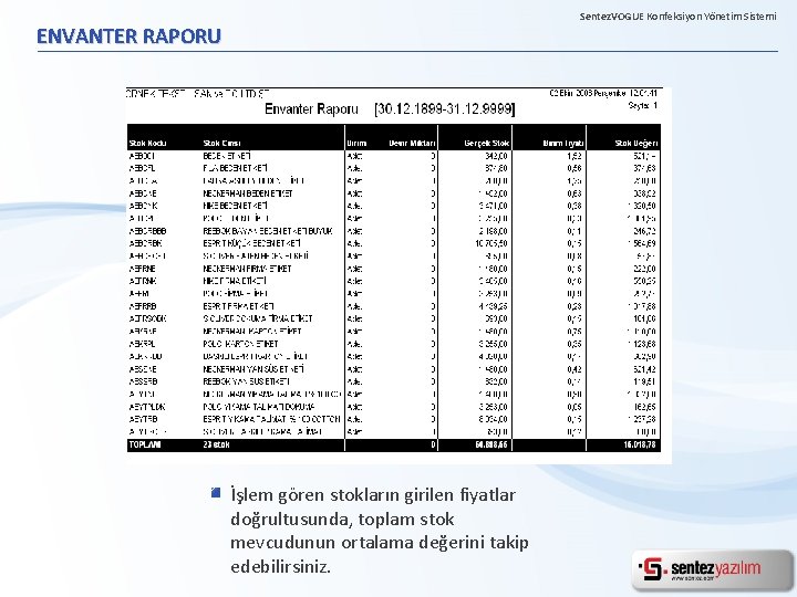 Sentez. VOGUE Konfeksiyon Yönetim Sistemi ENVANTER RAPORU İşlem gören stokların girilen fiyatlar doğrultusunda, toplam