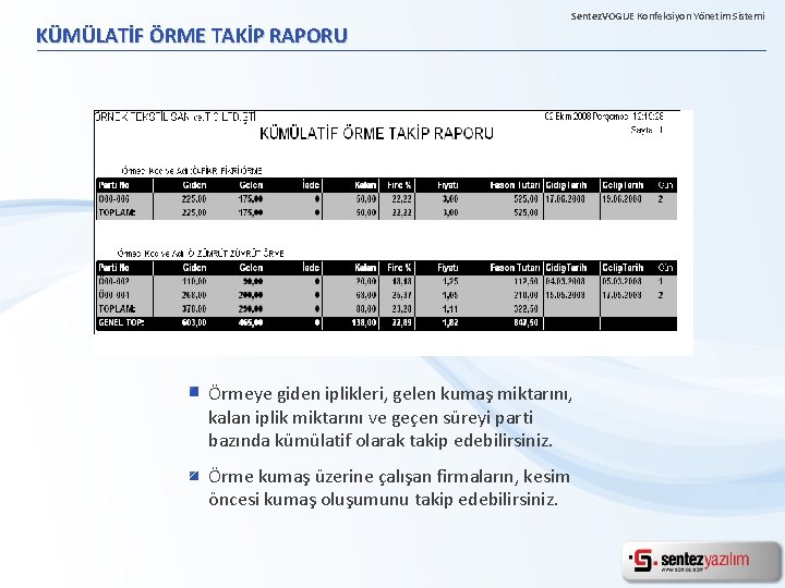 KÜMÜLATİF ÖRME TAKİP RAPORU Sentez. VOGUE Konfeksiyon Yönetim Sistemi Örmeye giden iplikleri, gelen kumaş