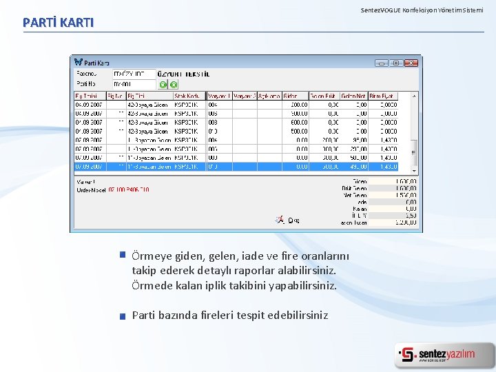 Sentez. VOGUE Konfeksiyon Yönetim Sistemi PARTİ KARTI Örmeye giden, gelen, iade ve fire oranlarını