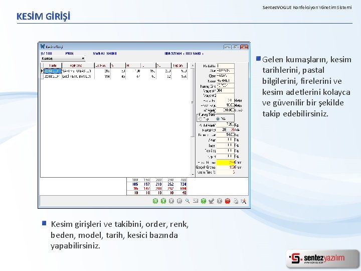KESİM GİRİŞİ Sentez. VOGUE Konfeksiyon Yönetim Sistemi Gelen kumaşların, kesim tarihlerini, pastal bilgilerini, firelerini