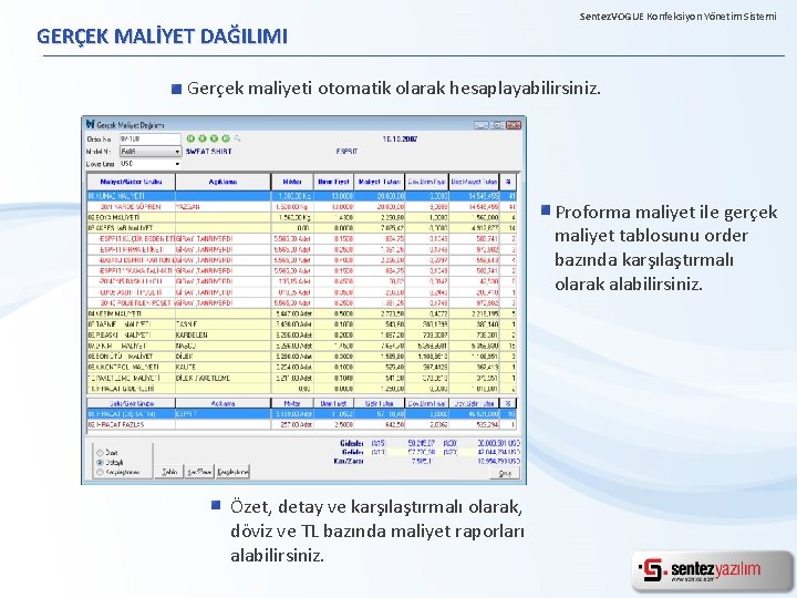 GERÇEK MALİYET DAĞILIMI Sentez. VOGUE Konfeksiyon Yönetim Sistemi Gerçek maliyeti otomatik olarak hesaplayabilirsiniz. Proforma