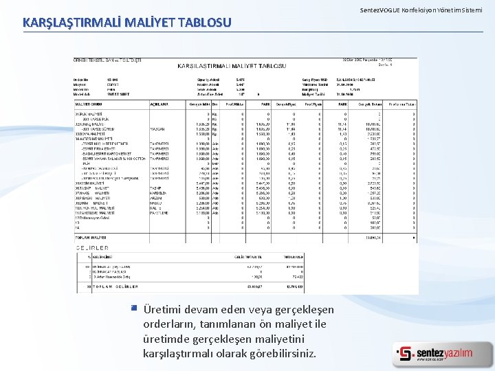 KARŞLAŞTIRMALİYET TABLOSU Üretimi devam eden veya gerçekleşen orderların, tanımlanan ön maliyet ile üretimde gerçekleşen