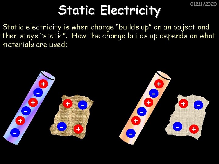 01/11/2020 11/1/2020 Static Electricity Static electricity is when charge “builds up” on an object