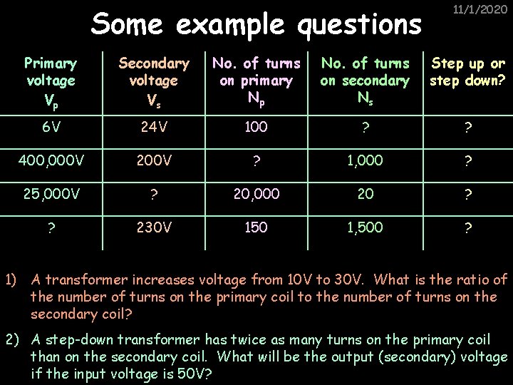 Some example questions 11/1/2020 Primary voltage Vp Secondary voltage Vs No. of turns on