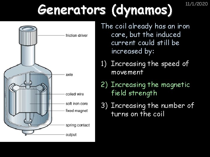 Generators (dynamos) 11/1/2020 The coil already has an iron core, but the induced current