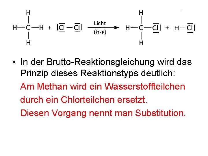  • In der Brutto-Reaktionsgleichung wird das Prinzip dieses Reaktionstyps deutlich: Am Methan wird