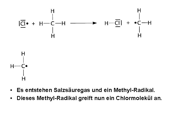 • Es entstehen Salzsäuregas und ein Methyl-Radikal. • Dieses Methyl-Radikal greift nun ein • Es entstehen Salzsäuregas und ein Methyl-Radikal. • Dieses Methyl-Radikal greift nun ein