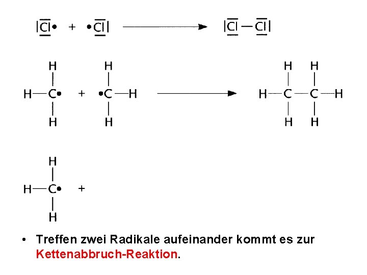 • Treffen zwei Radikale aufeinander kommt es zur Kettenabbruch-Reaktion. • Treffen zwei Radikale aufeinander kommt es zur Kettenabbruch-Reaktion.