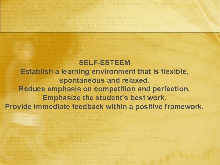 SELF-ESTEEM Establish a learning environment that is flexible, spontaneous and relaxed. Reduce emphasis on