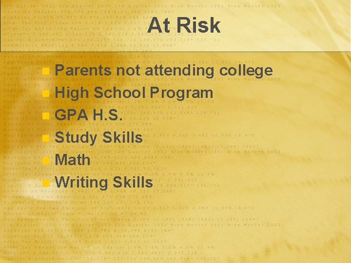 At Risk Parents not attending college n High School Program n GPA H. S.