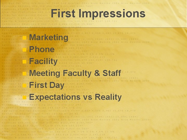 First Impressions Marketing n Phone n Facility n Meeting Faculty & Staff n First