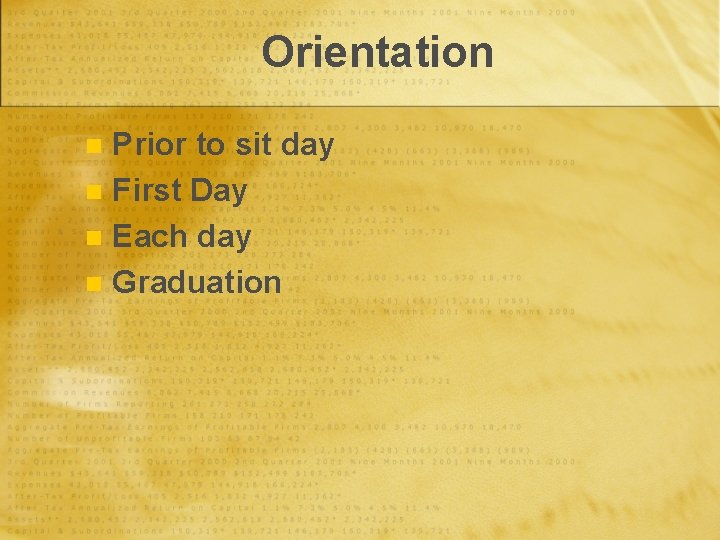 Orientation Prior to sit day n First Day n Each day n Graduation n