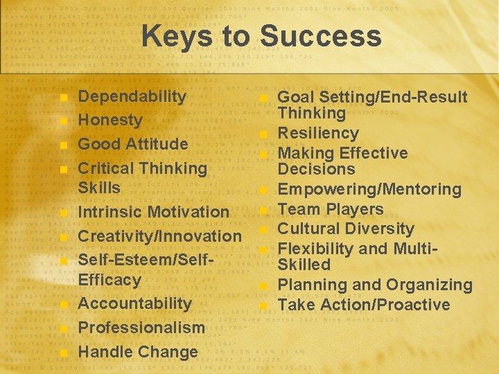 Keys to Success n n n n n Dependability Honesty Good Attitude Critical Thinking