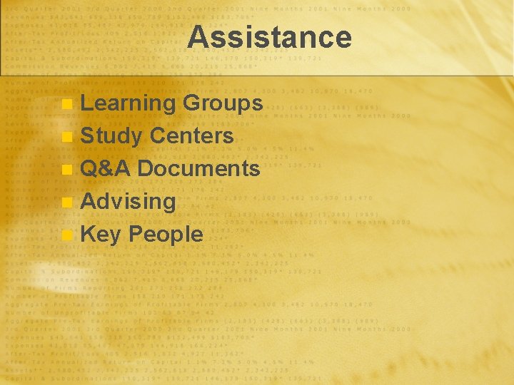 Assistance Learning Groups n Study Centers n Q&A Documents n Advising n Key People