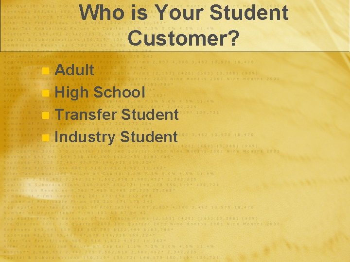 Who is Your Student Customer? Adult n High School n Transfer Student n Industry