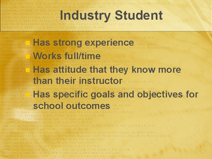 Industry Student Has strong experience n Works full/time n Has attitude that they know