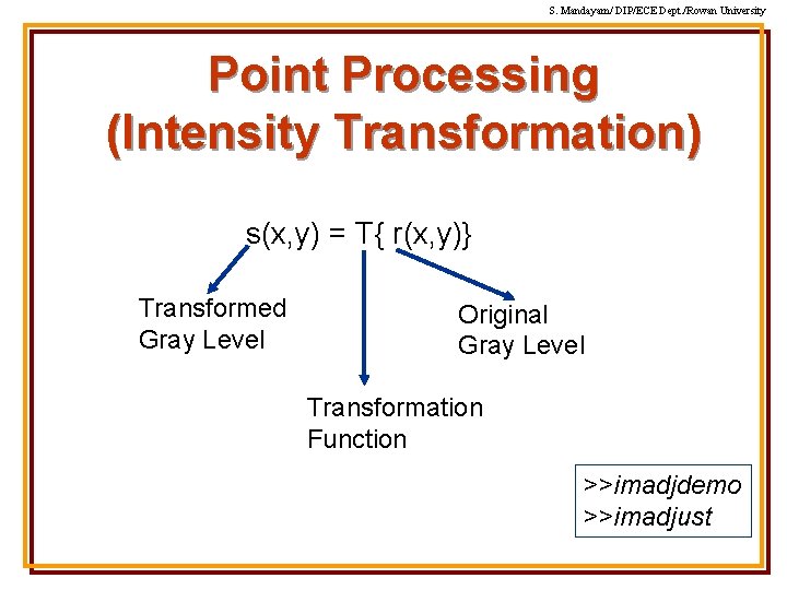 S. Mandayam/ DIP/ECE Dept. /Rowan University Point Processing (Intensity Transformation) s(x, y) = T{ S. Mandayam/ DIP/ECE Dept. /Rowan University Point Processing (Intensity Transformation) s(x, y) = T{