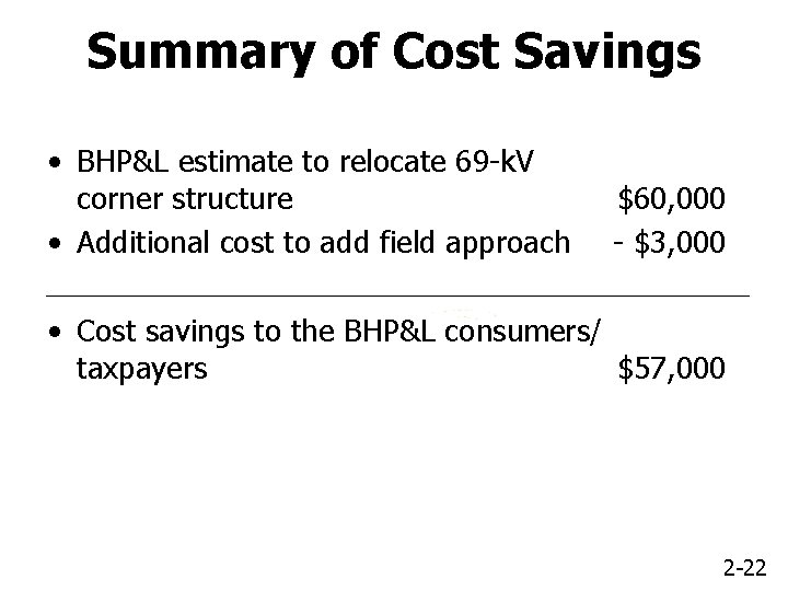 Summary of Cost Savings • BHP&L estimate to relocate 69 -k. V corner structure