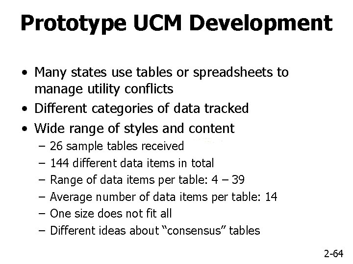 Prototype UCM Development • Many states use tables or spreadsheets to manage utility conflicts