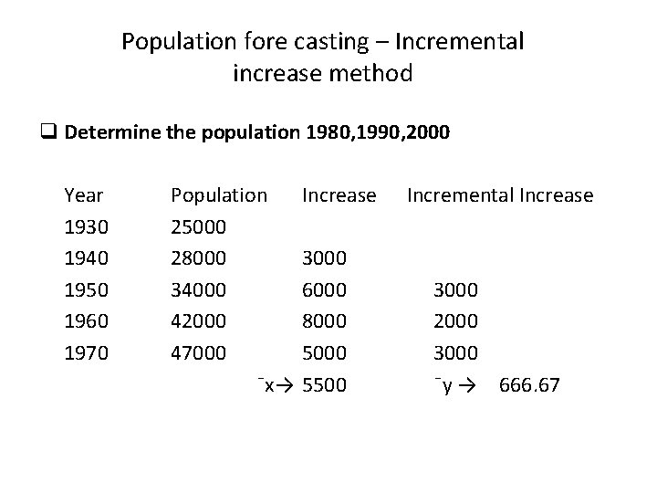 Population fore casting – Incremental increase method q Determine the population 1980, 1990, 2000