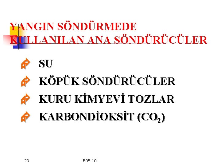 YANGIN SÖNDÜRMEDE KULLANILAN ANA SÖNDÜRÜCÜLER SU KÖPÜK SÖNDÜRÜCÜLER KURU KİMYEVİ TOZLAR KARBONDİOKSİT (CO 2)