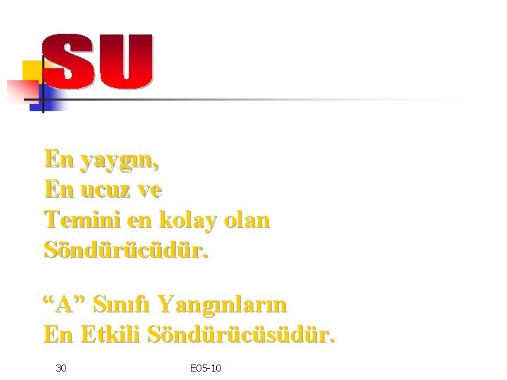 En yaygın, En ucuz ve Temini en kolay olan Söndürücüdür. “A” Sınıfı Yangınların En