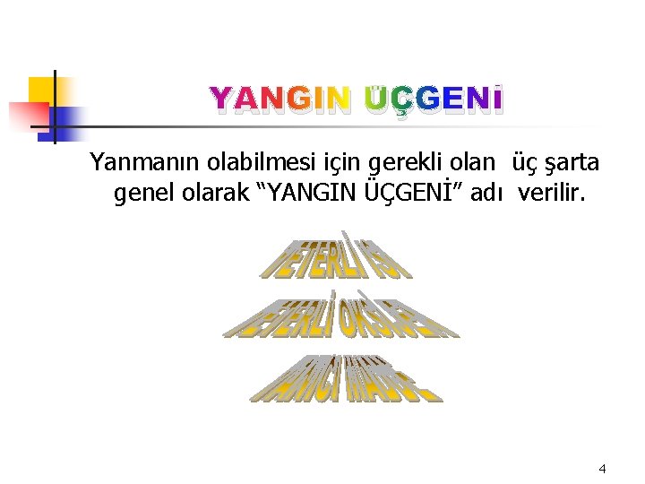 YANGIN ÜÇGENİ Yanmanın olabilmesi için gerekli olan üç şarta genel olarak “YANGIN ÜÇGENİ” adı