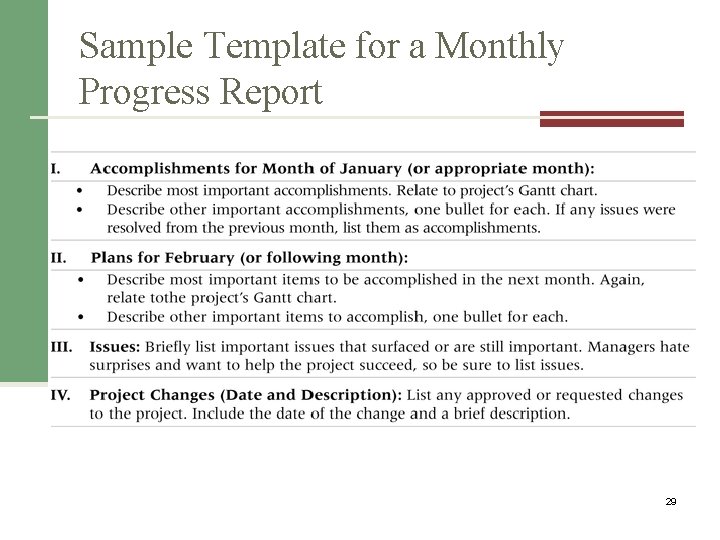 Sample Template for a Monthly Progress Report 29 