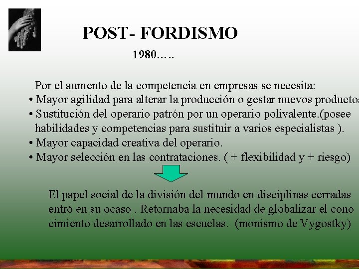 POST- FORDISMO 1980…. . Por el aumento de la competencia en empresas se necesita: POST- FORDISMO 1980…. . Por el aumento de la competencia en empresas se necesita: