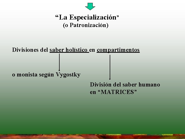 “La Especialización” (o Patronización) Divisiones del saber holístico en compartimentos o monista según Vygostky “La Especialización” (o Patronización) Divisiones del saber holístico en compartimentos o monista según Vygostky