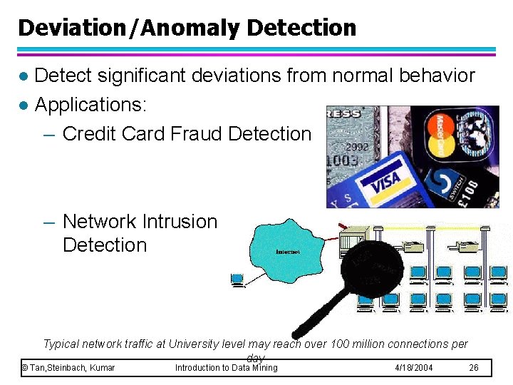 Deviation/Anomaly Detection Detect significant deviations from normal behavior l Applications: – Credit Card Fraud