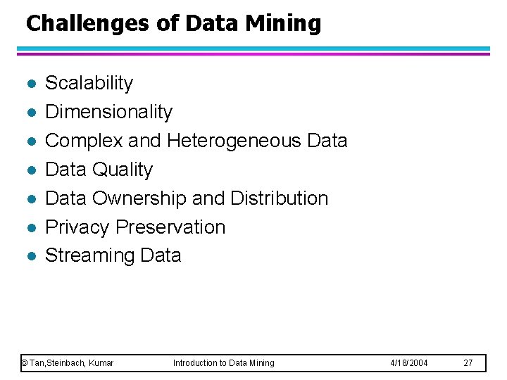 Challenges of Data Mining l l l l Scalability Dimensionality Complex and Heterogeneous Data