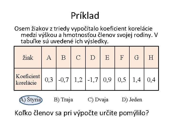 Príklad Osem žiakov z triedy vypočítalo koeficient korelácie medzi výškou a hmotnosťou členov svojej