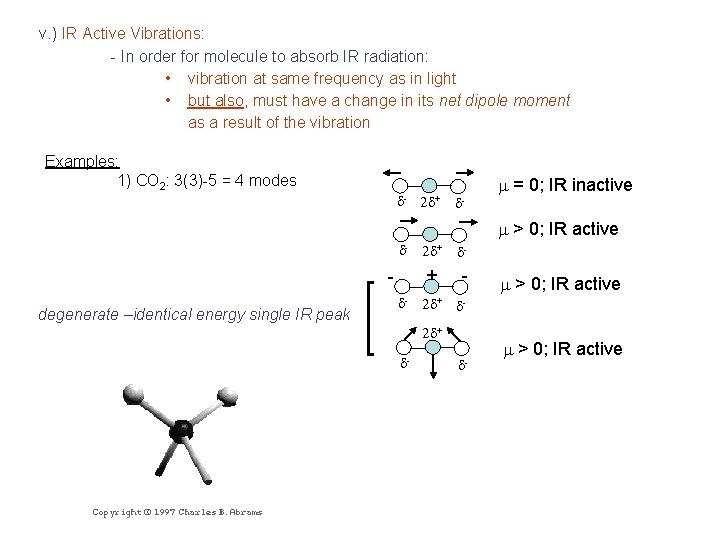 v. ) IR Active Vibrations: - In order for molecule to absorb IR radiation: