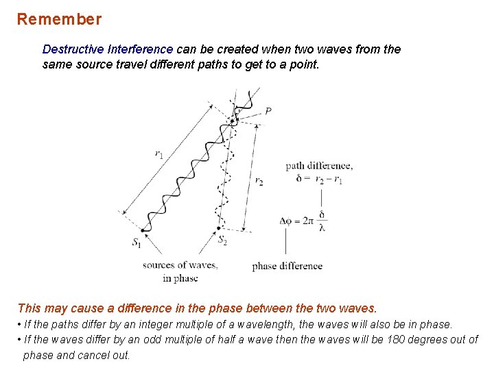 Remember Destructive Interference can be created when two waves from the same source travel