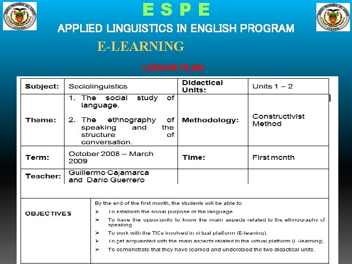 ESPE APPLIED LINGUISTICS IN ENGLISH PROGRAM E-LEARNING LESSON PLAN 