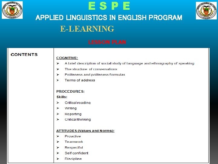 ESPE APPLIED LINGUISTICS IN ENGLISH PROGRAM E-LEARNING LESSON PLAN 