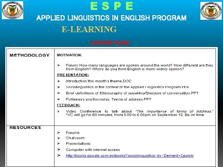 ESPE APPLIED LINGUISTICS IN ENGLISH PROGRAM E-LEARNING LESSON PLAN 
