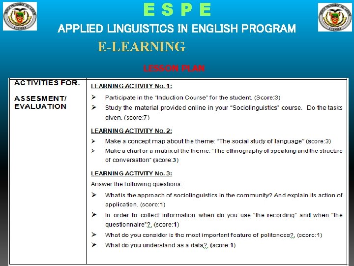 ESPE APPLIED LINGUISTICS IN ENGLISH PROGRAM E-LEARNING LESSON PLAN 