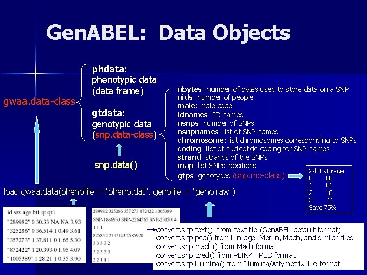 Gen. ABEL: Data Objects gwaa. data-class phdata: phenotypic data (data frame) gtdata: genotypic data