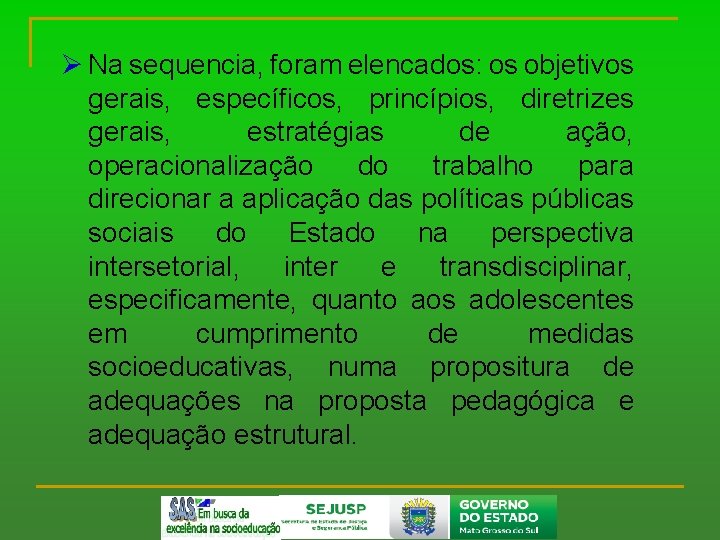 Ø Na sequencia, foram elencados: os objetivos gerais, específicos, princípios, diretrizes gerais, estratégias de