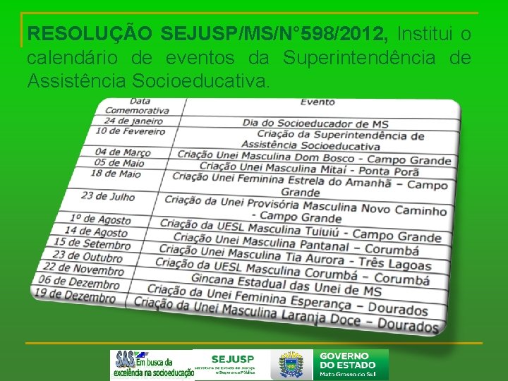 RESOLUÇÃO SEJUSP/MS/N° 598/2012, Institui o calendário de eventos da Superintendência de Assistência Socioeducativa. 