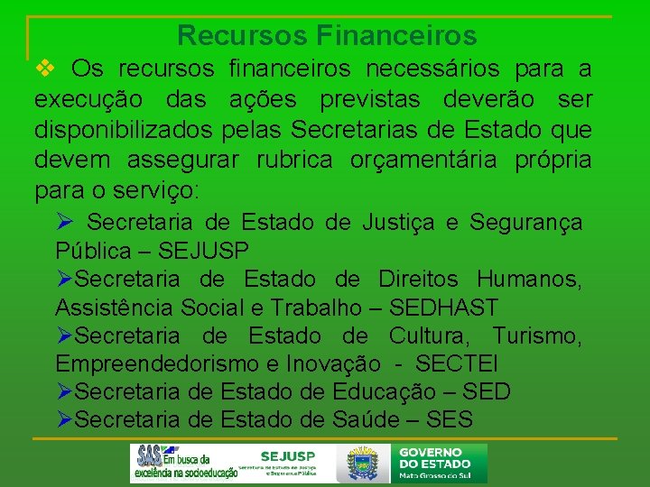 Recursos Financeiros v Os recursos financeiros necessários para a execução das ações previstas deverão