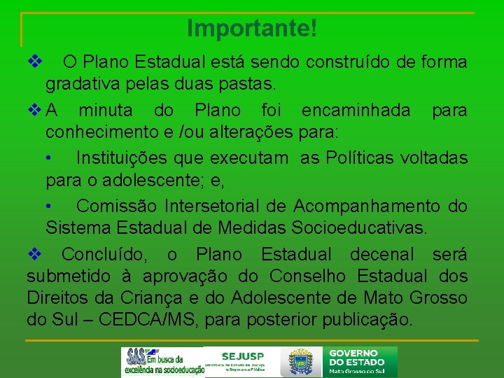 Importante! v O Plano Estadual está sendo construído de forma gradativa pelas duas pastas.
