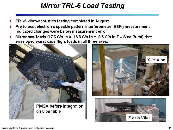 Mirror TRL-6 Load Testing TRL-6 vibro-acoustics testing completed in August Pre to post electronic