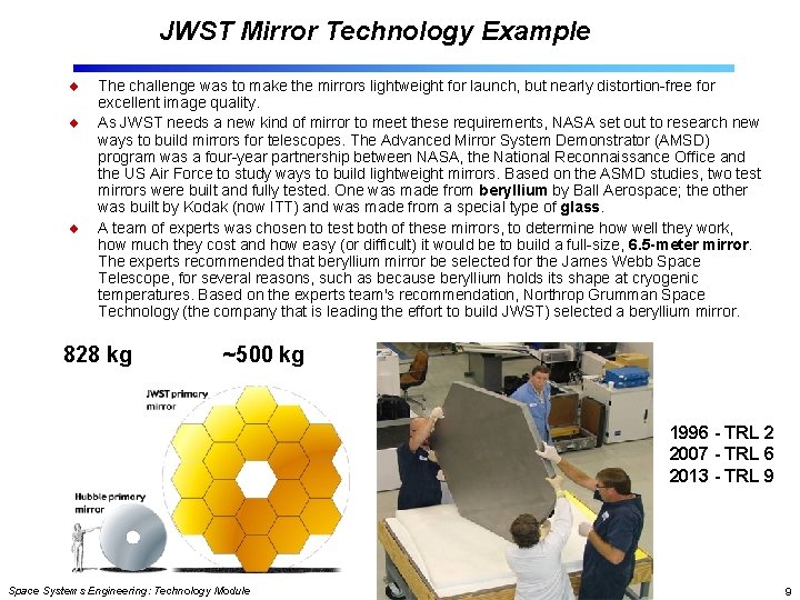 JWST Mirror Technology Example The challenge was to make the mirrors lightweight for launch,