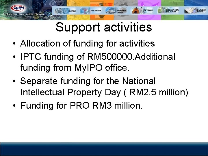 Support activities • Allocation of funding for activities • IPTC funding of RM 500000.