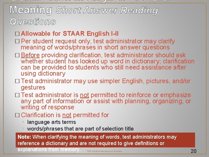 Clarification in English of Word Meaning Short Answer Reading Questions � Allowable for STAAR Clarification in English of Word Meaning Short Answer Reading Questions � Allowable for STAAR