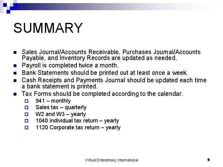 SUMMARY n n n Sales Journal/Accounts Receivable, Purchases Journal/Accounts Payable, and Inventory Records are