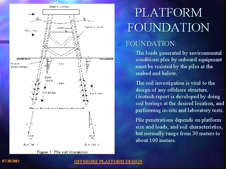 PLATFORM FOUNDATION n FOUNDATION: – The loads generated by environmental conditions plus by onboard